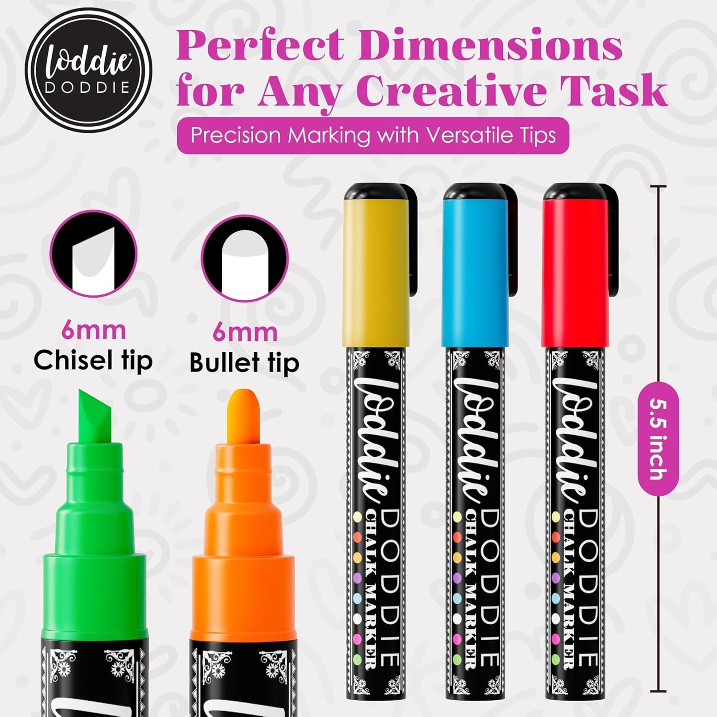 Loddie Doddie Liquid Chalk Markers - 8-Pack, 6mm Reversible Chisel & Bullet Tips - Erasable Neon Pens for Blackboard or Chalkboard - Chalk Markers for Blackboard