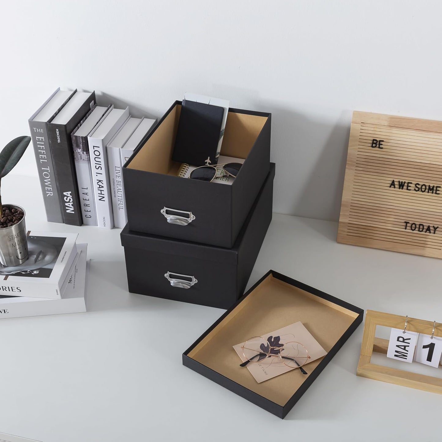 Soul & Lane Black Decorative Cardboard Storage Boxes with Lids, Set of 2 Stacking Keepsake Photo and Memory Boxes for Home & Office, Elegant Paperboard Organizers with Label Holders and Drawer Pulls