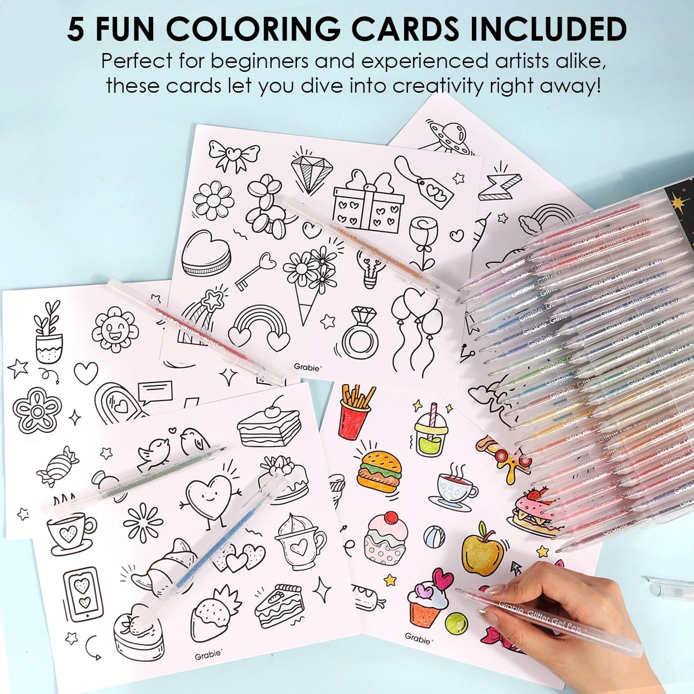 Grabie 42 Glitter Gel Pen Set, 18 Iridescent&24 Essential Color Pens, Smooth Rollerball Tip, Metallic Sparkly Gel Pens for Coloring (42 Colors Capped Glitter Gel Pens)