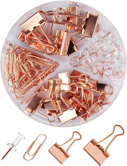 Paper Clips and Binder Clips Set, Metal Assorted Sized Binders with Push Pins, Cute Office Supplies for Desk, Desk Accessories, Rosegold