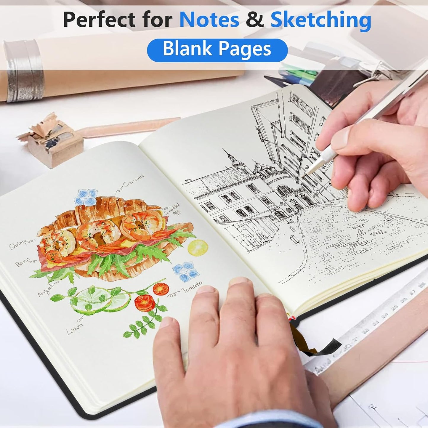 Blank Journal Ntebook for Men & Women, 160 Pages Blank Journals for Writing, Drawing,Sketch Book,5.9" x 8.5" Leather Sketchbook, Unlined Notebook for Work, School, Art - Black