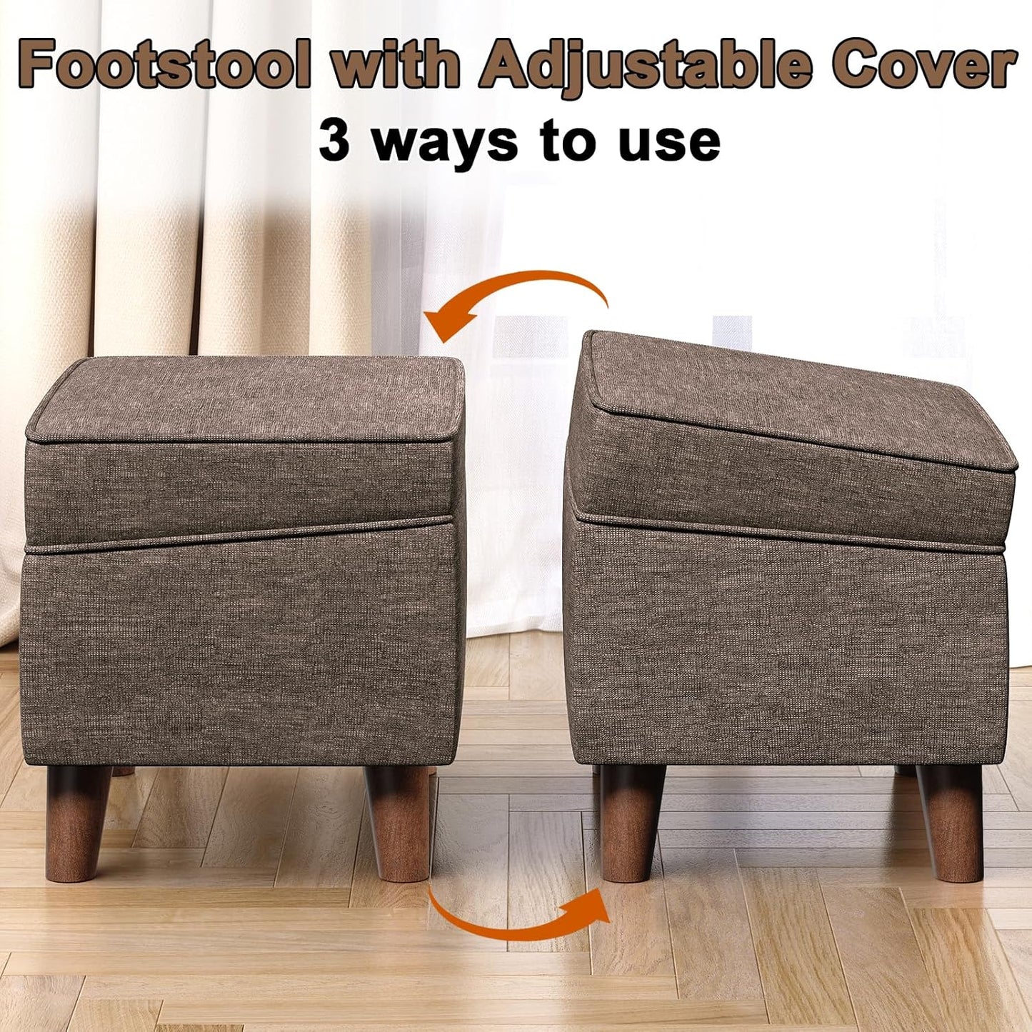 Storage Ottoman with Adjustable Cover, Soft Step Stool, Footrest and Seat, Ottoman Foot Rest for Living Room, Bedroom, Dorm, Brown