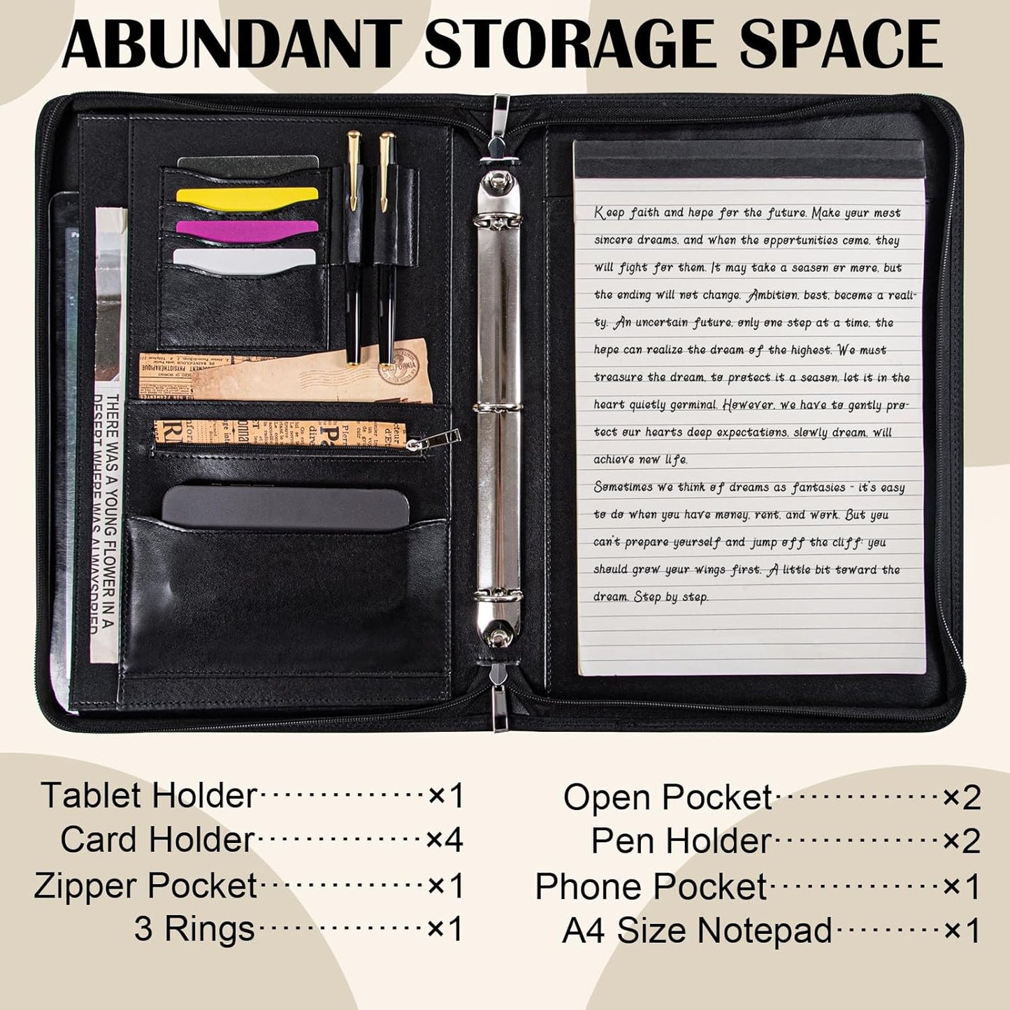 Calfinder Personalized Padfolios Portfolio Binder,3 Ring Leather Binder with Zipper,Professional Padfolios for Women&Men, Business Portfolio Organizer for Resume, Leather Folder for Ipad