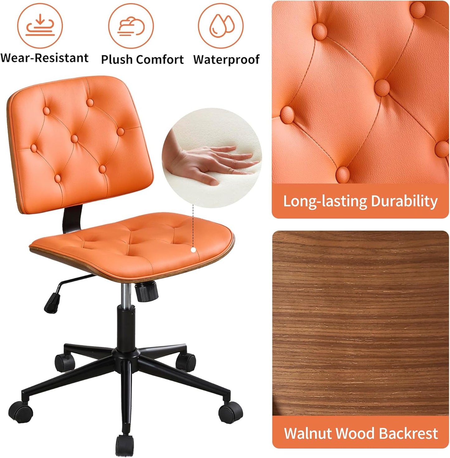 Small Armless Desk Chair – PU Leather Mid-Back Ergonomic Office Chair with Adjustable Height, Swivel Wheels, Walnut Frame, Ideal for Small Office, Study, or Bedroom, Orange