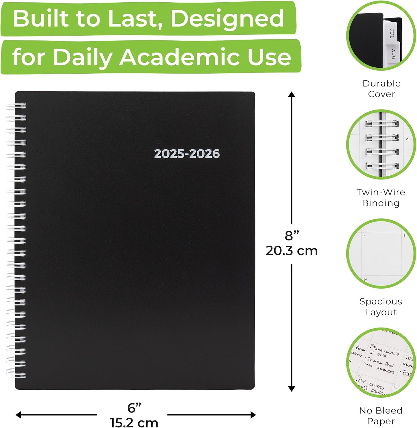 WallDeca Academic Planner 2025-2026, Daily, Weekly & Monthly Planner, July 2025 - June 2026, Student Notes Pages, Twin-Wire Binding Day and Weekly Agenda for School & Work (8 x 6-Inches, Black)