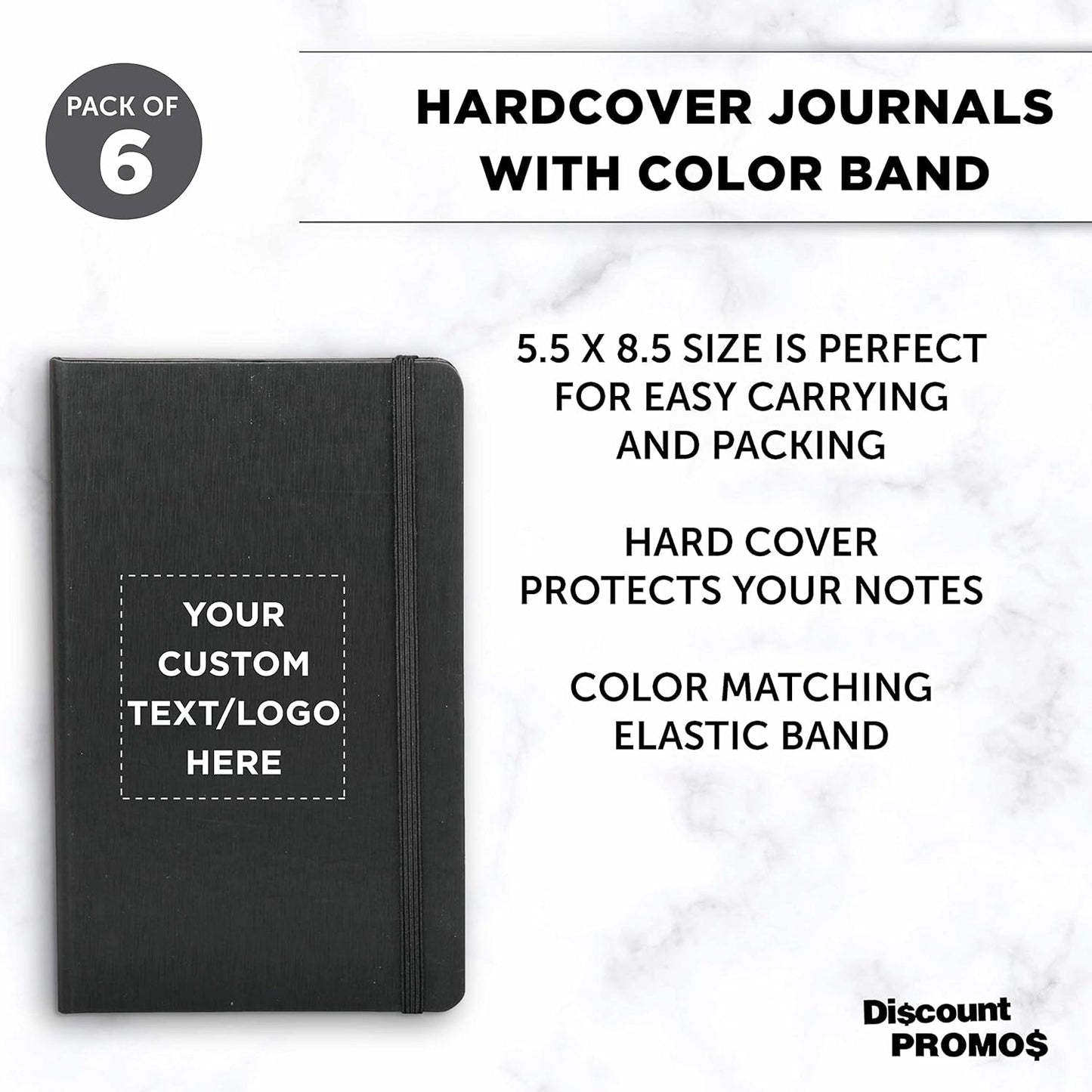 DISCOUNT PROMOS Custom Hardcover Notebook Journals with Elastic Colored Band Set of 6, Personalized Bulk Pack - Perfect for School, Office, Home - Black