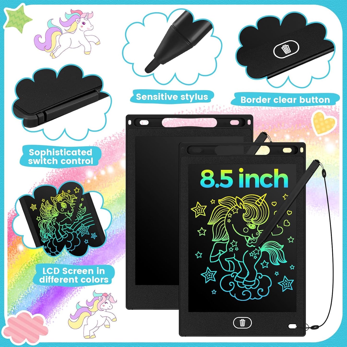 Tinlade 12 Pack LCD Writing Drawing Tablets 8.5 Inch Bulk Colorful Doodle Board Erasable Electronic Painting Drawing Pads Learning Toy Gifts for Kids Christmas School(Black)