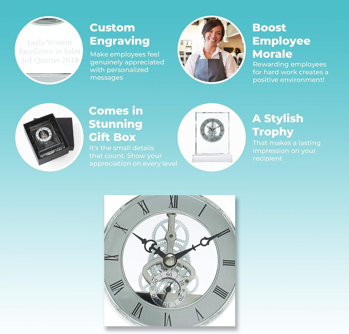 Baudville Engraved Clock Trophy - Executive Crystal - Rectangular Shaped on a Rectangular Base - Silver Inset Time Piece (Silver)