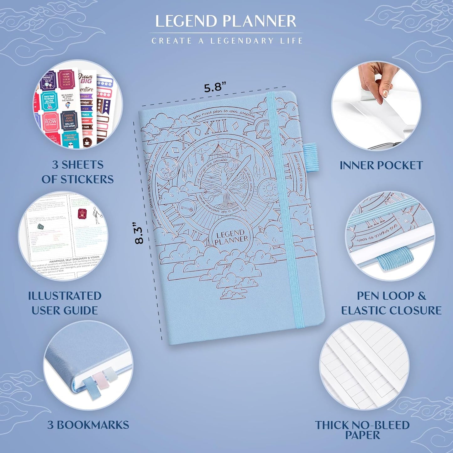 Legend Planner Hourly Schedule Edition – Deluxe Weekly & Daily Organizer with Time Slots. Time Management Appointment Book Journal for Work & Personal Life, Undated, A5 Hardcover – Periwinkle Gold