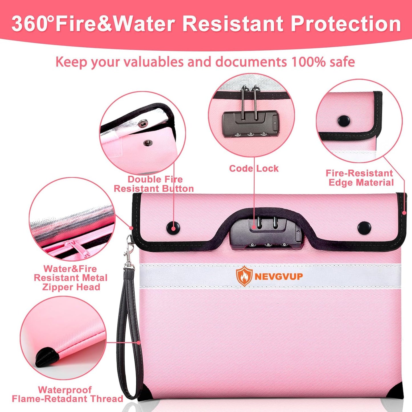 Upgraded 6200°F Fireproof Document Bag with Code Lock, Fire Proof Pouch w. Zipper/Reflective Strip, 9 Layers of Heat Insulated Materials, Fireproof Money Bag for Cash/Documents, Water Resistant