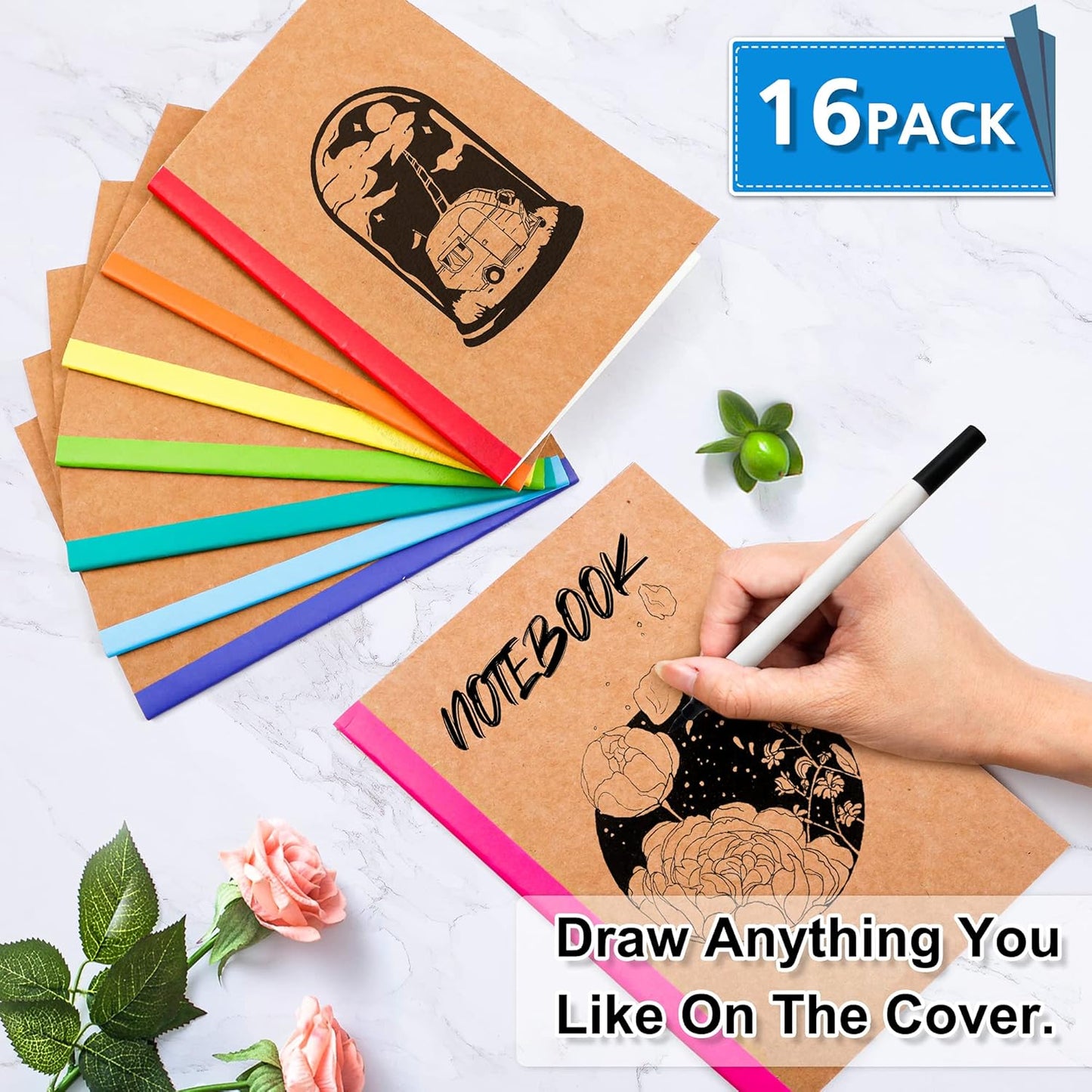 feela 16 Pack Composition Notebooks Bulk, Kraft Cover Lined Blank College Ruled Composition Travel Journals with Rainbow Spines For Women Students Business, 60 Pages, 8.3”x 5.5”, A5, 8 Colors