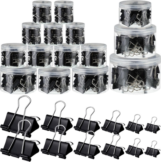 Yexiya 640 Pcs Binder Clips Paper Clamps Assorted Sizes Black, Metal Paper Binder Clips Combination Black Binding Paperwork Clamp Bulk 6 Sizes with Box School Teachers Office Supplies