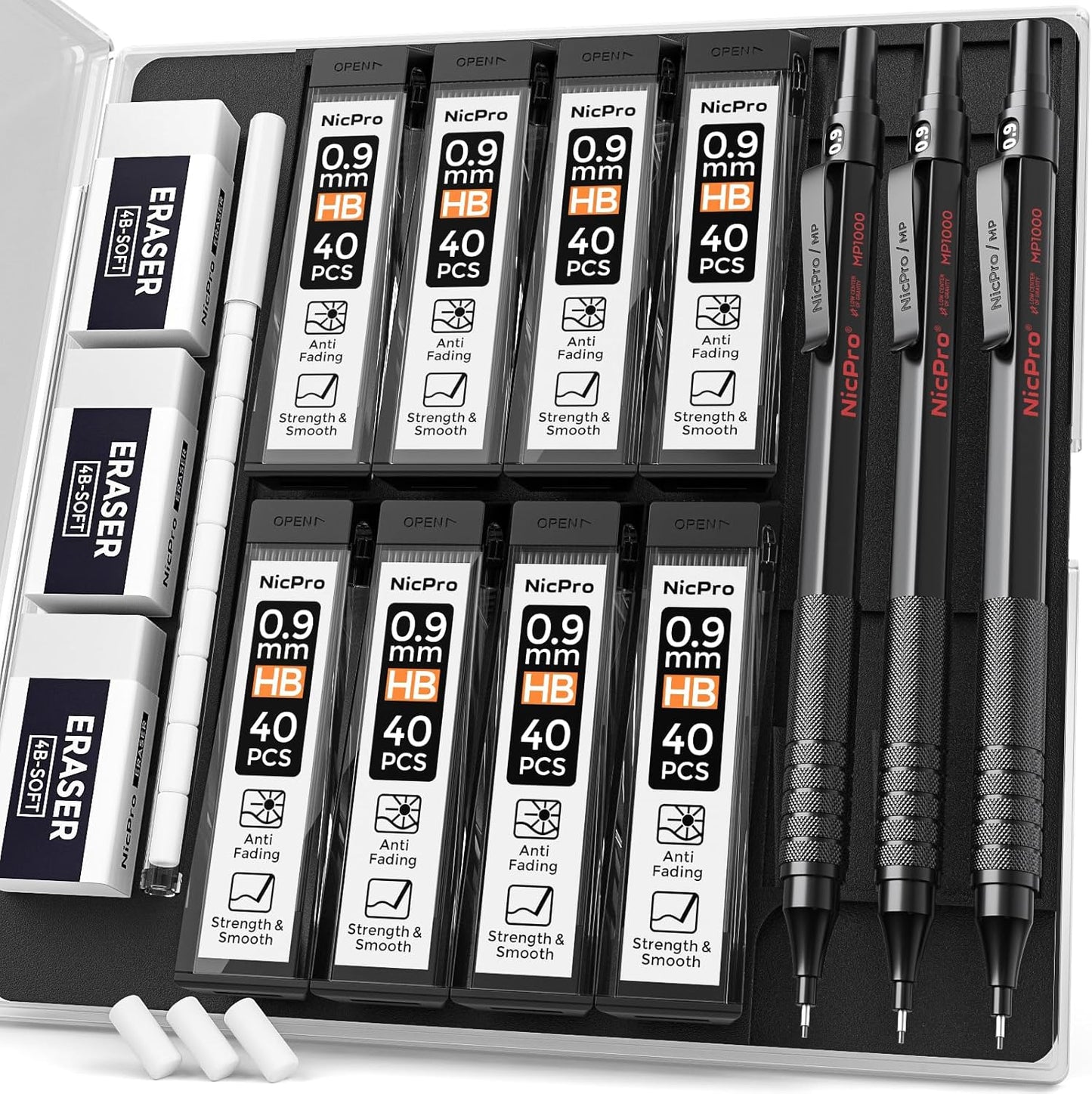 Nicpro 0.9 Metal Mechanical Pencil Set with Case, 3PCS Black MP1000 0.9mm Drafting Pencil, 8 Tubes HB Lead Refills, 3PCS Erasers, Erasers Refills for Artist Writing, Drawing, Sketching