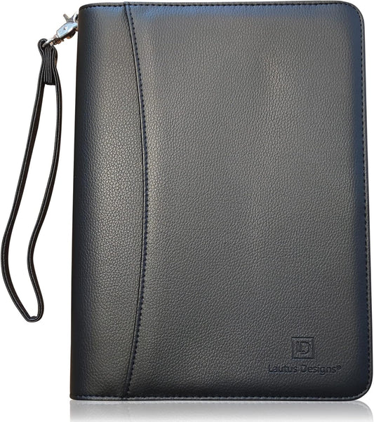 Zippered Portfolio Binder with Junior Legal 5x8 Notepad - Matt Black PU Faux Leather Business Padfolio Organizer Folder with 8 Inch Tablet Sleeve & Gift Box by Lautus Designs