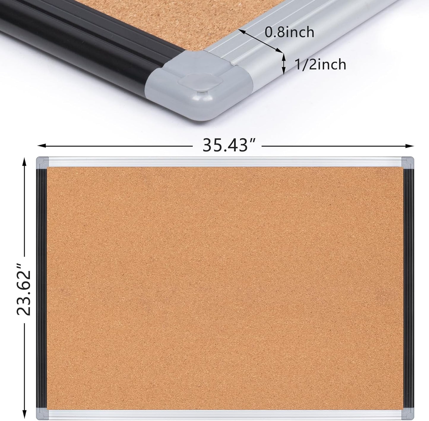 Board2by Cork Board Bulletin Board 24" x 36", Black/Silver Aluminium Framed Corkboard, Office Board for Wall Decor, Large Wall Mounted Notice Pin Board with 18 Push Pins for School, Home & Office