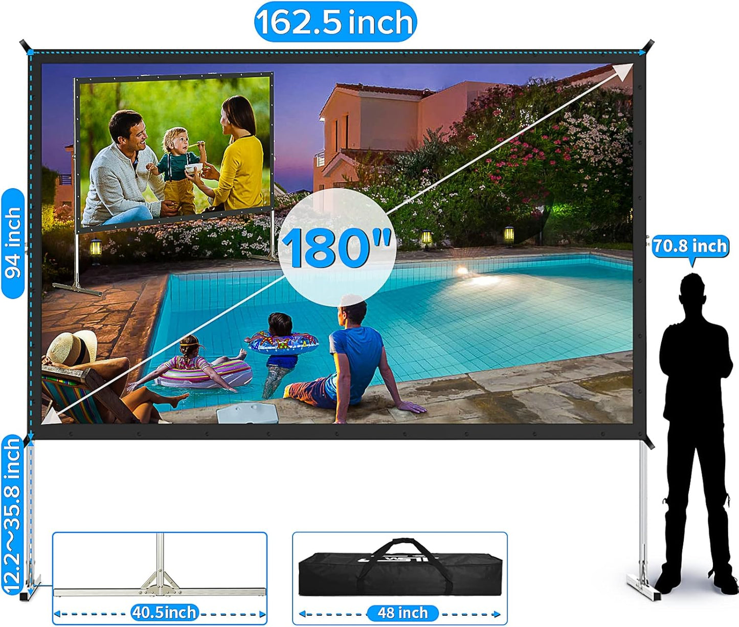 180 inch Projector Screen with Stand,Upgraded 3 Layers PVC 16:9 Large Outdoor Projector Screen,Portable Outdoor Movie Screen with Carrying Bag for Large Commercial Performance