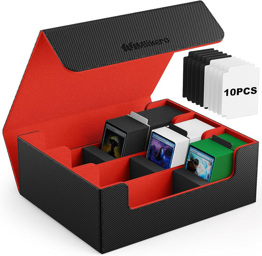 Mlikero Card Deck Case, 1800+ Trading Card Storage Box with 10 Dividers and 3 Foam Stoppers, Leather Magnetic Closure Commander Deck Box Fit for YuGiOh, MTG and Sport Cards(Black&Red)