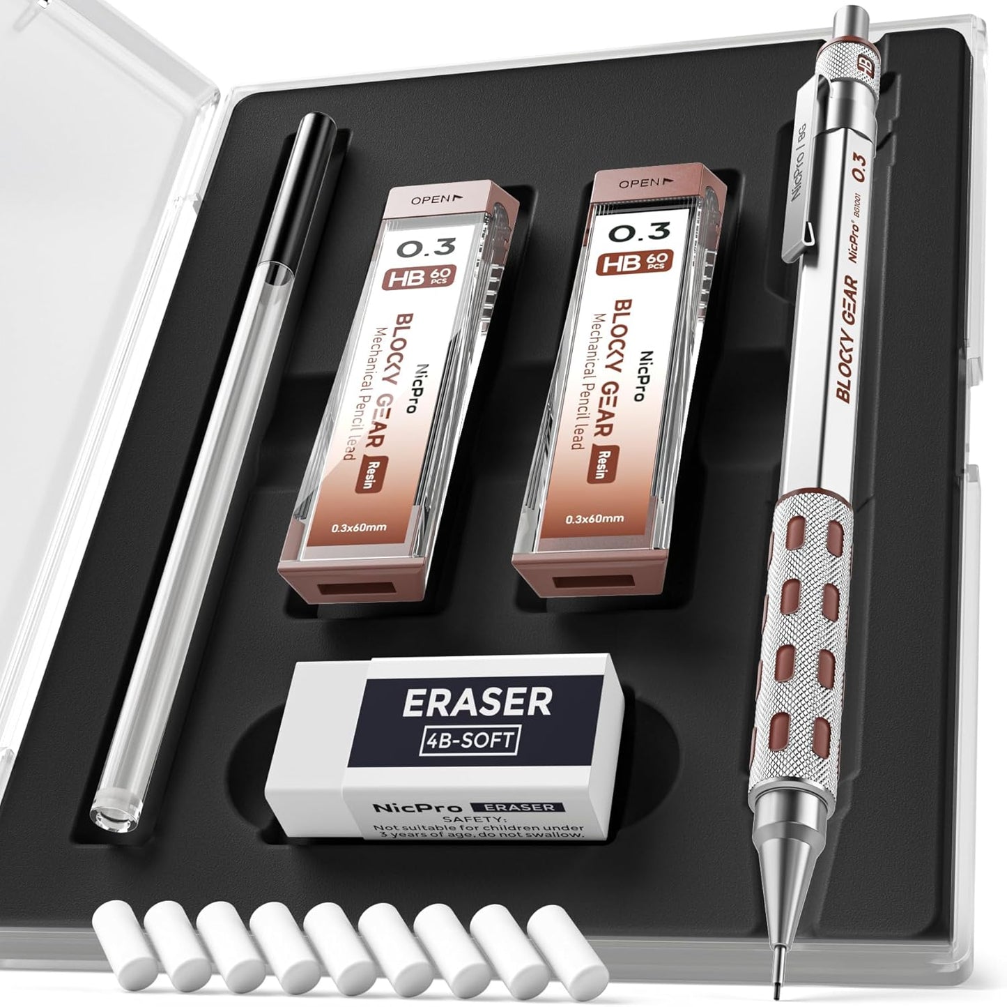 Nicpro Blocky Gear 0.3 mm Mechanical Pencils Set in Case, Metal Pencil with Lead Refills, Eraser for Professional & Adult Art Writing Drafting Drawing