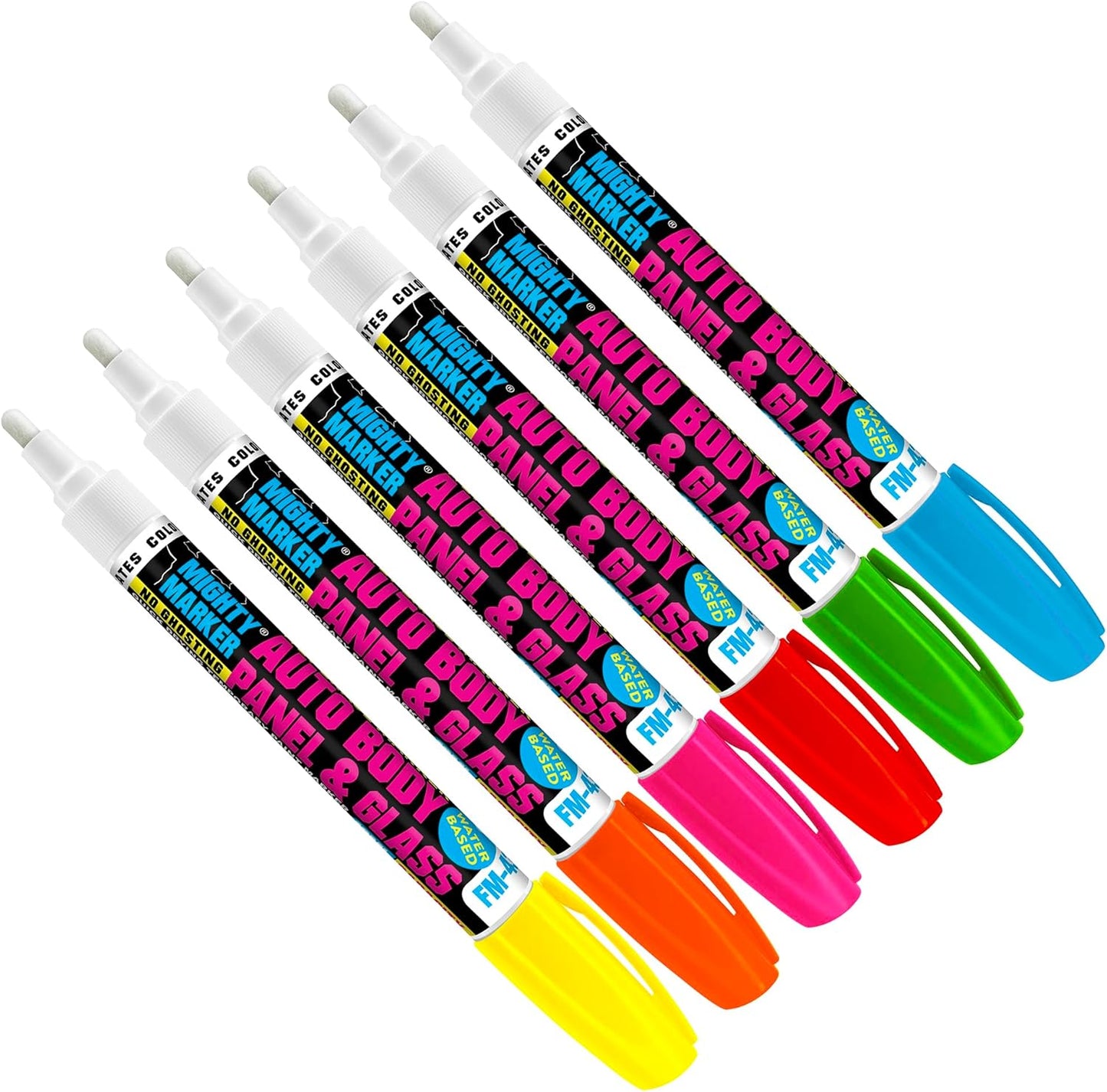 FM-43 Auto Body and Glass Paint Marker, No-Ghost, Highly Water-Resistant, 2.3mm Bullet Tip, Valve Action, 6 Bonus Reversible Tips, Made in USA - Fluorescent Assorted 6 Pack