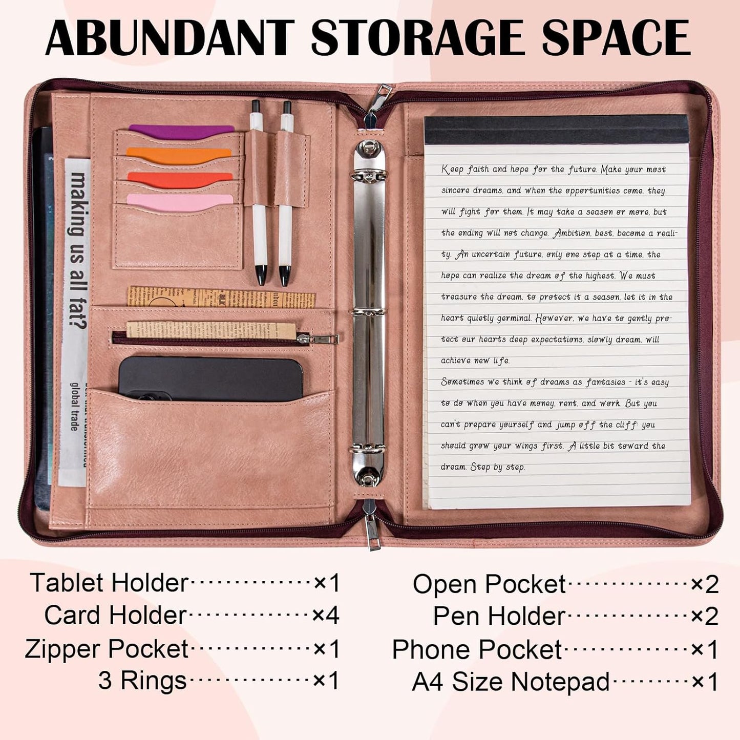 Calfinder Pink Portfolio Binder,3 Ring Binder with Zipper,PU Leather Padfolio with Zipper for Women, Professional Business Portfolio Organizer for Resume/Interview, A4 Letter Document Organizer