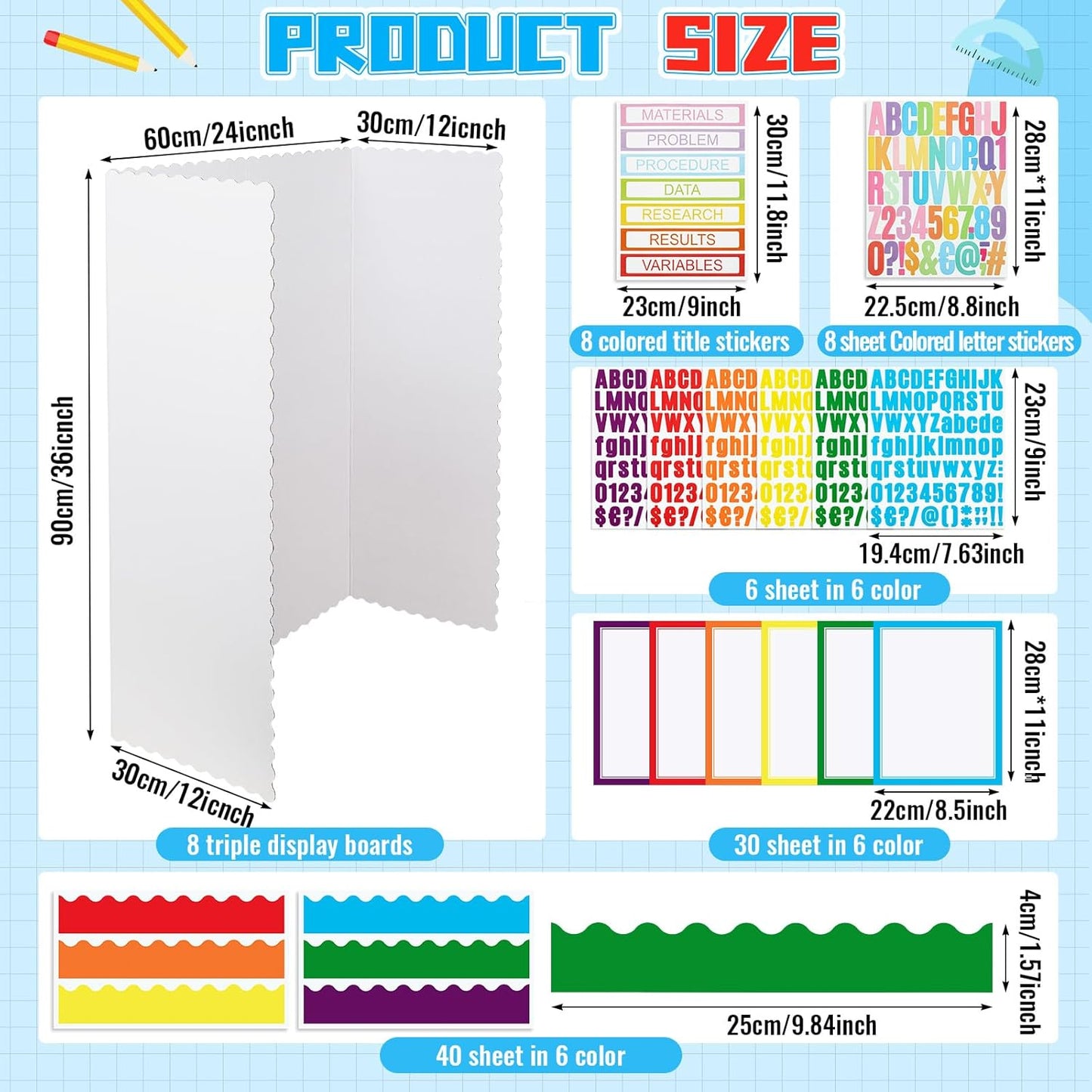 Teling 180 Pcs Trifold Poster Board Set, 8 Pcs 36 x 48 Trifold Display Presentation Cardboard Science Project Board with 172 Sheet Title Letter Stickers for Classroom School Office