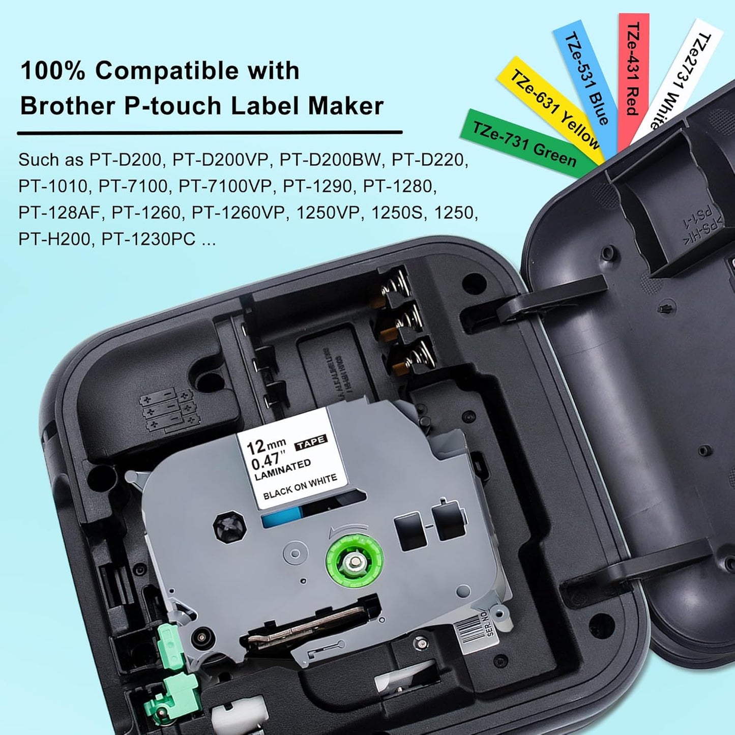 5-Pack Label Maker Tape Replace for Brother TZe TZ Tape 12mm 0.47 Laminated White Red Blue Yellow Green TZe231 431 531 631 731 Work for Brother P Touch Label Maker PTH110 PTD220 PTD210