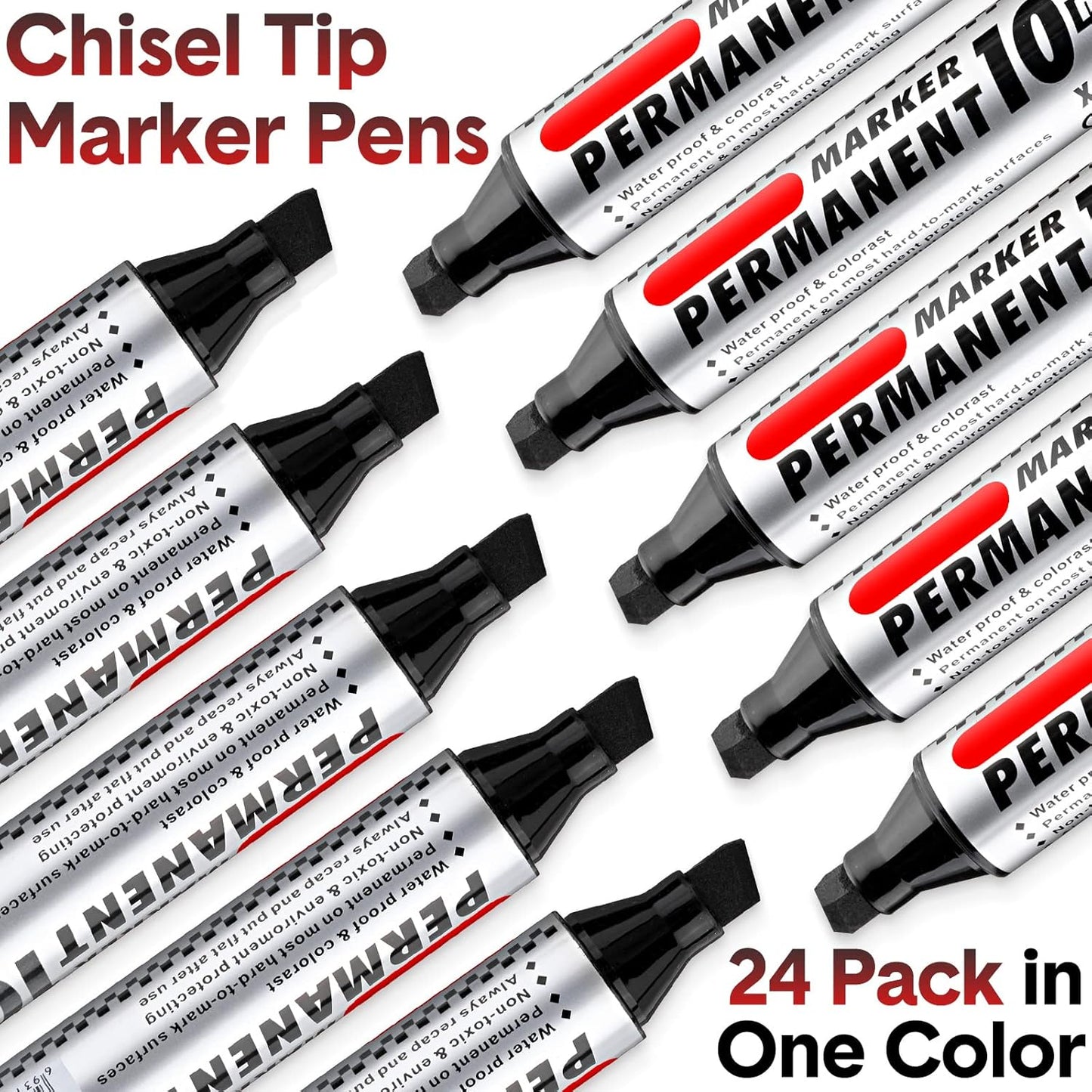 Thenshop 24 Pack Jumbo Size Permanent Markers Bulk Permanent Marker Set Chisel Tip Pens Waterproof for Industrial Use Work on Wood Metal Plastic Stone Glass(Black)