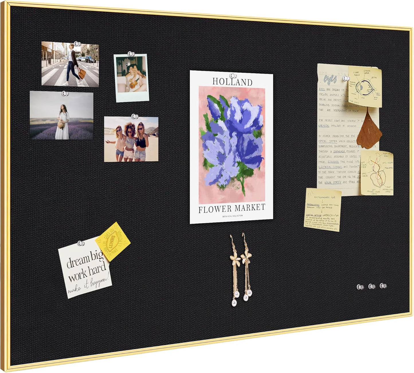 Bulletin Board 30 x 20 inches, Black Pin Board, Golden Aluminum Framed Fabric Cork Board with 10 Push Pins