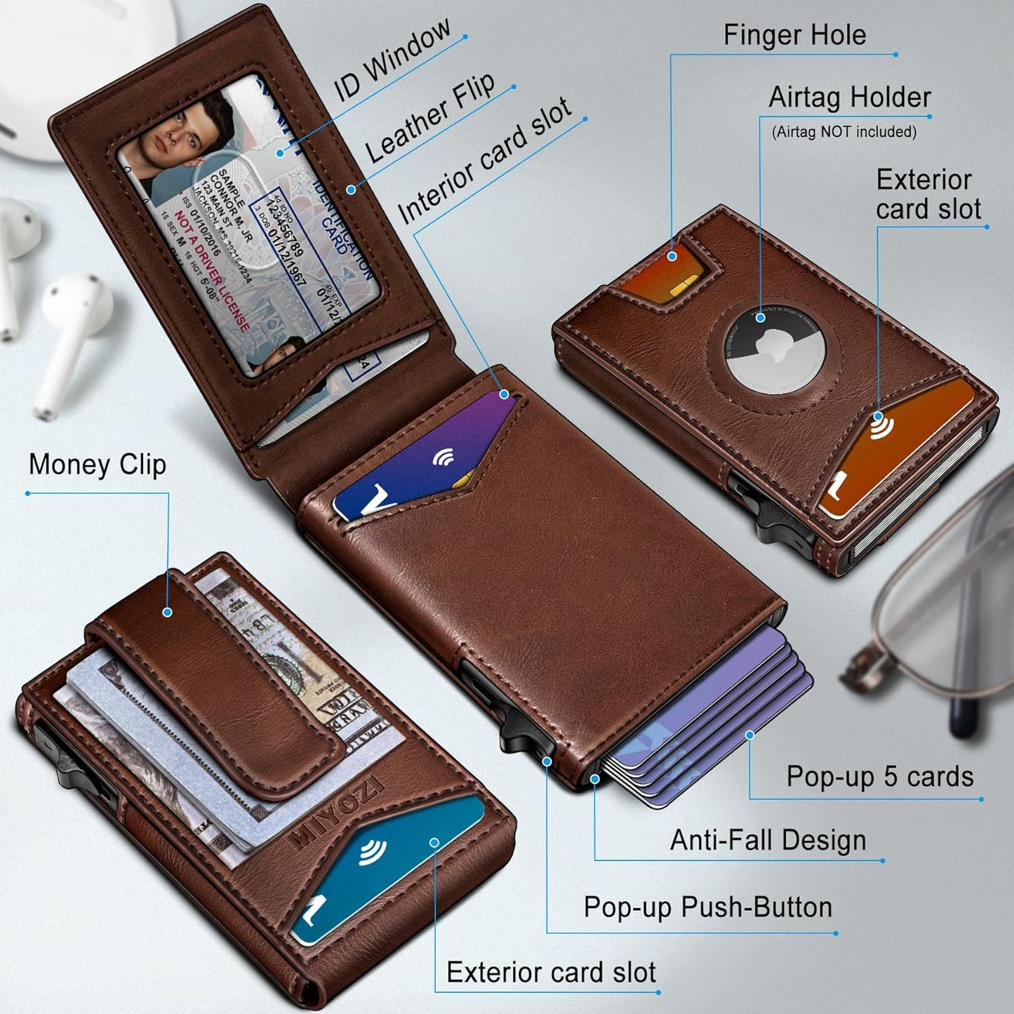 Airtag Wallet for Men,with Money Clip Gift Boxed,Slim Front Pocket Wallet RFID Blocking Metal Case Smart Pop-up Credit Card Holder in Magnetic Leather Flip