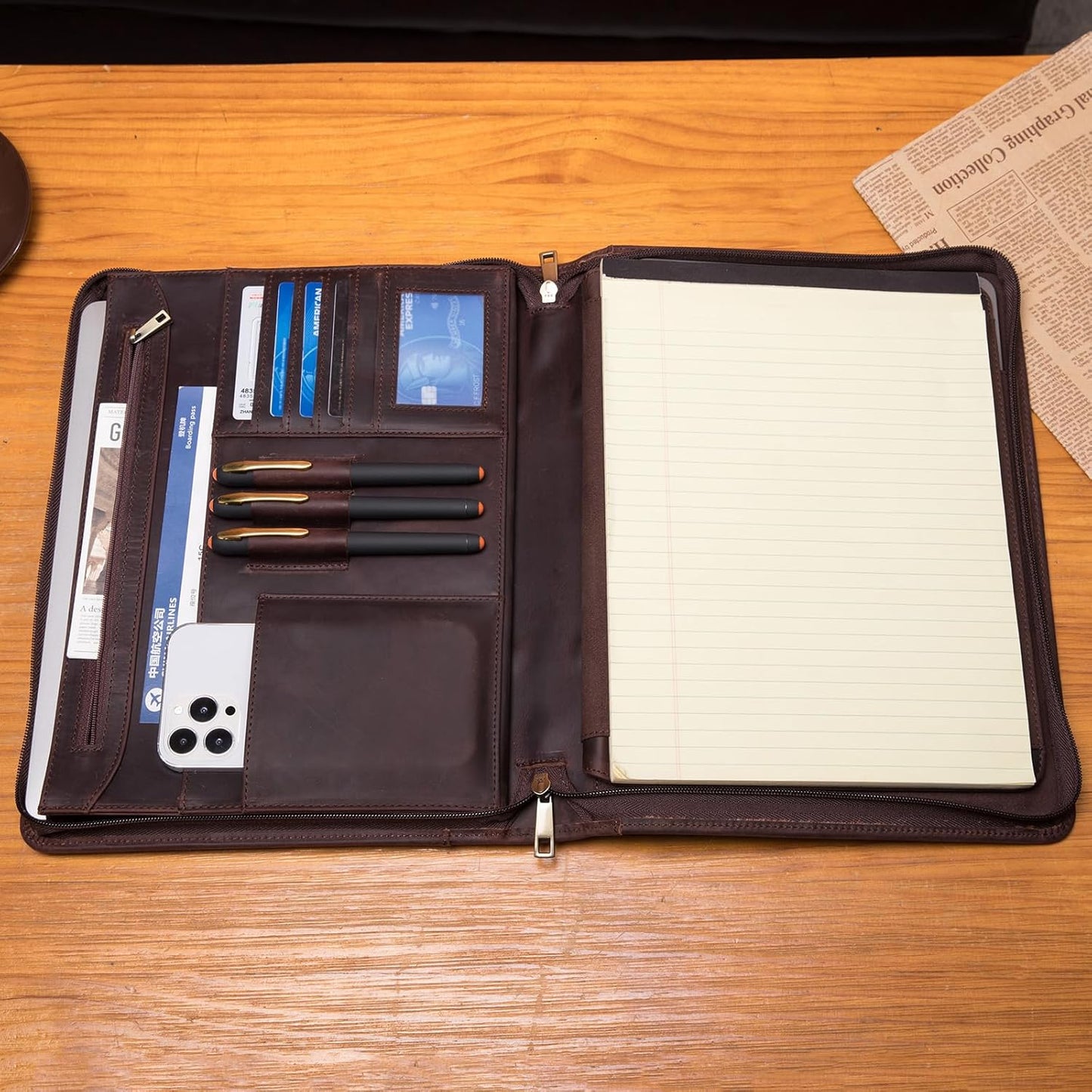 Genuine Leather Portfolio with Hidden Handle, Front Pocket, Business Padfolio Tablet/13” Laptop Organizer, Folio Document Cell Phone Holder, Professional Executive Folder, Dark Brown