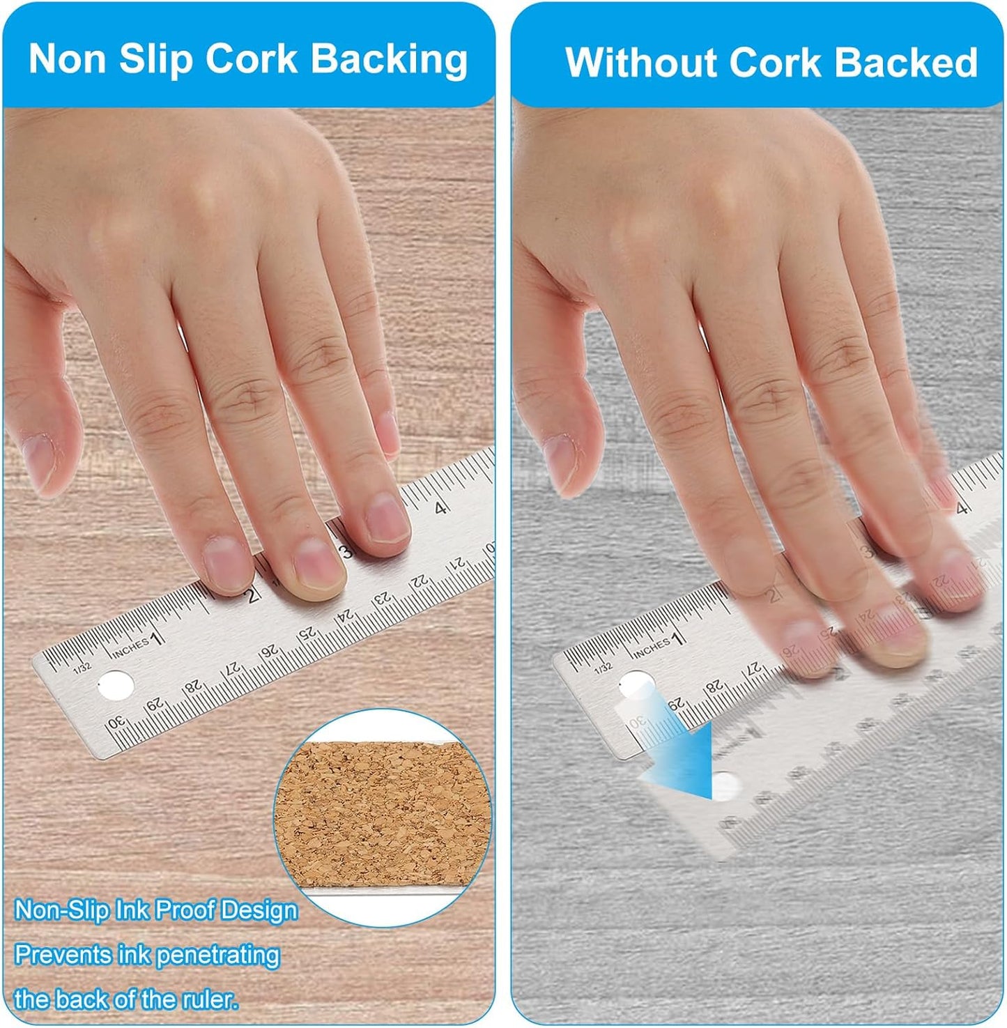 PATIKIL 12 Inch Stainless Steel Ruler Straight Edge Ruler, 2 Pcs Cork Backing Non-Slip Metal Ruler with Inches Centimeter Metric Measuring Tools for Office