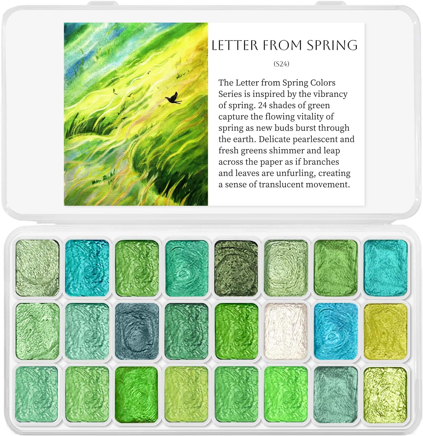 Mini Glitter Watercolor Paint Set with Paper, 24 Colors Shimmer Metallic Watercolour Painting Sets, Solid Pearl Water Color Paints for Adult, Kids, Green 1ml Trial Pack(Letter from Spring)