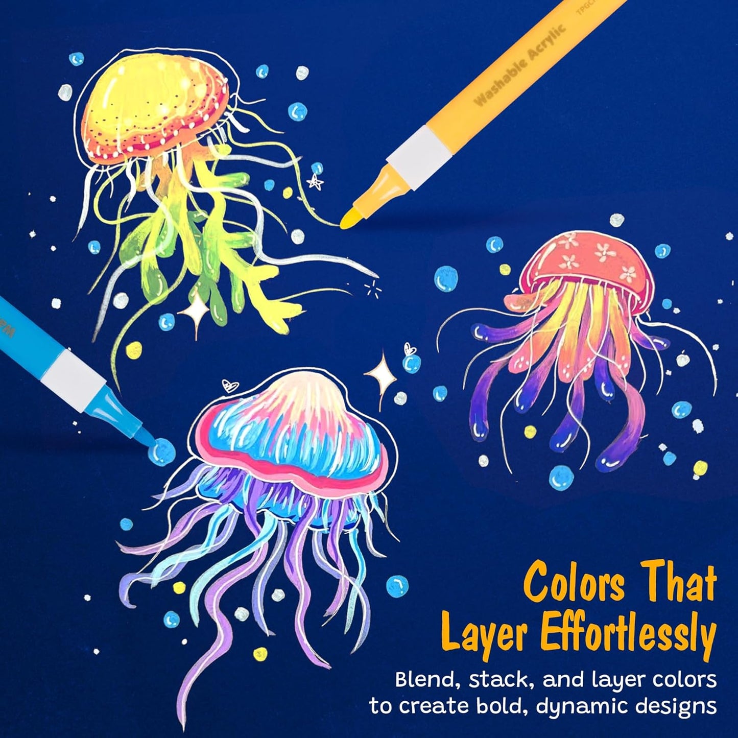 The Pencil Grip Magic Stix Washable Acrylic Markers for Kids and Teens, 12 Non-Toxic Colors, Allergen-Free, Vibrant Paint Pens for Crafting and DIY