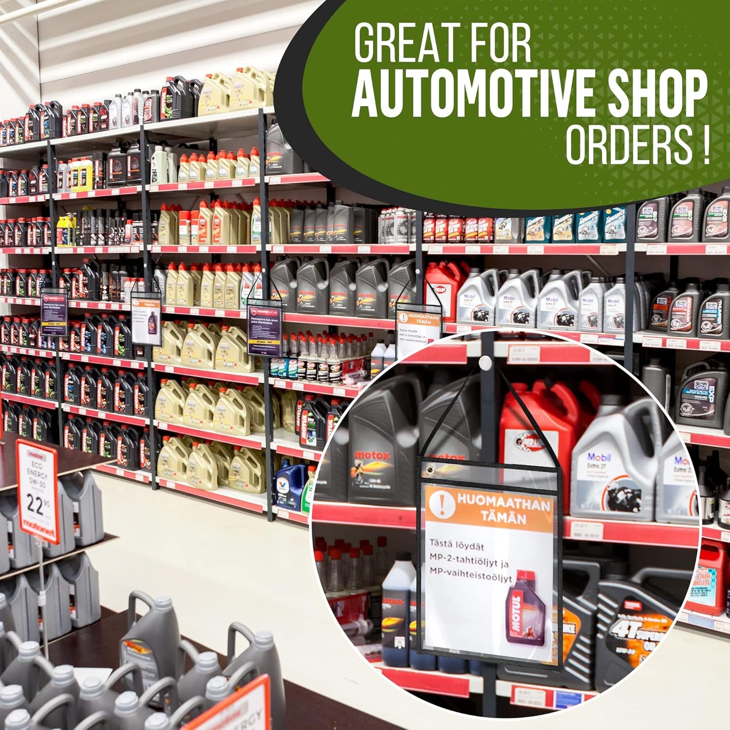 10 Pack Hanging Job Ticket Holders with Strap 9x12 in - Black Shop Ticket Holders with Hanging Strap - Heavy Duty Work Order Plastic Sleeves 9 x 12 in - Clear Plastic Sleeve - Hanger Dry Erase Pockets