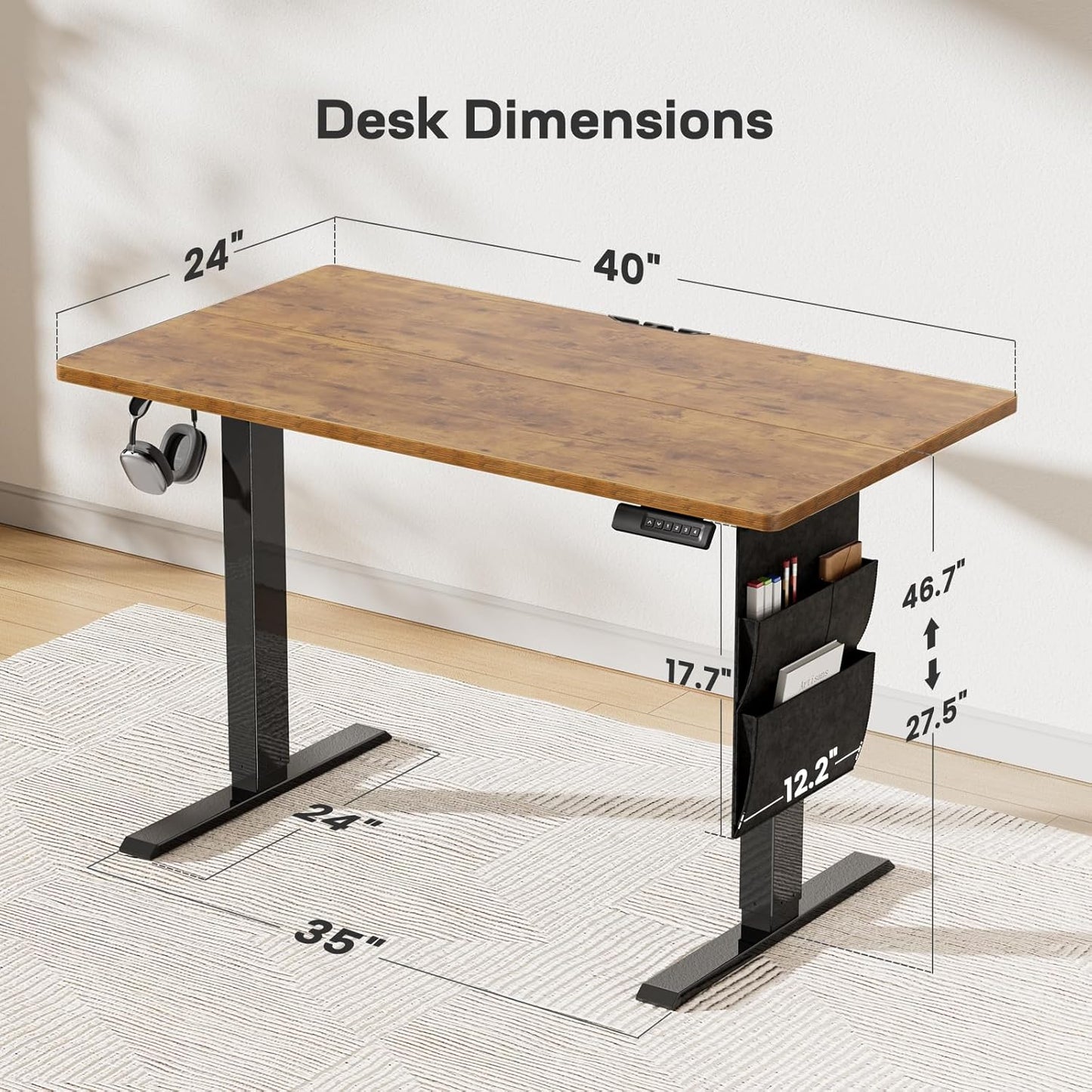 Marsail 40x24 Electric Standing Desk - Adjustable Height Computer Desk with Memory Presets, Storage Bag & Cable Management for Home Office & Gaming Workstations