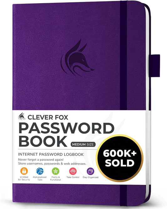 Clever Fox Password Book with alphabetical tabs. Internet Address Organizer Logbook. Medium Password Keeper for Website Logins (Purple)