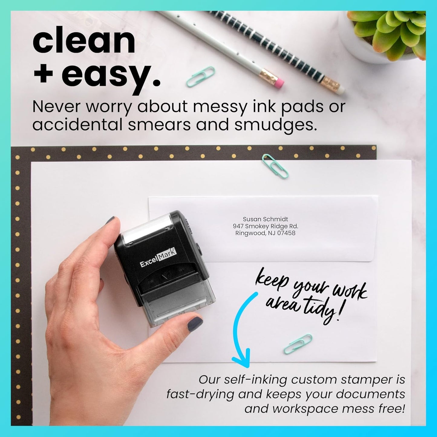 ExcelMark Custom Stamp – Clear & Crisp Impressions – Personalized Self-Inking Rubber Stamp – Use for Address Stamp and More (Small)