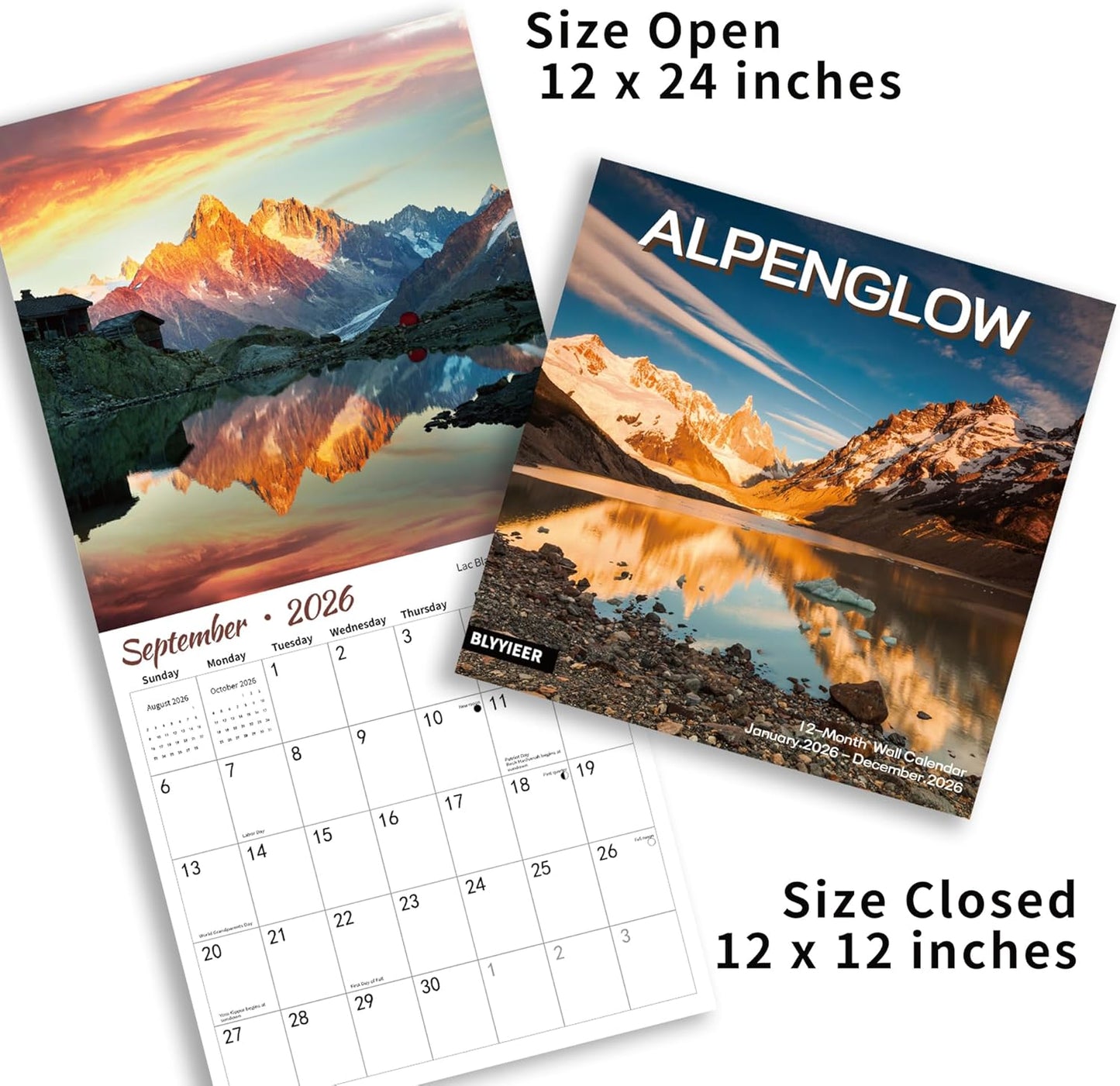 2026 Wall Calendar, Alpenglow Monthly Wall Calendar, 12" x 24" Open,Family Planner Calendar Organizer with Mountain of Sunrise Images
