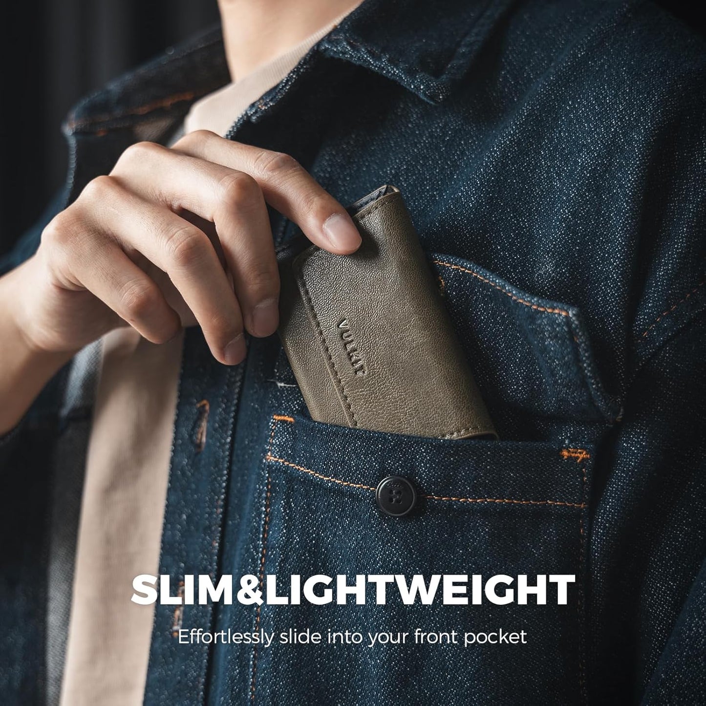 VULKIT Leather Business Card Holder Case for Men Slim Pocket Business Card Wallet Name Card Case Holder, Holds 20 Business Cards Olive