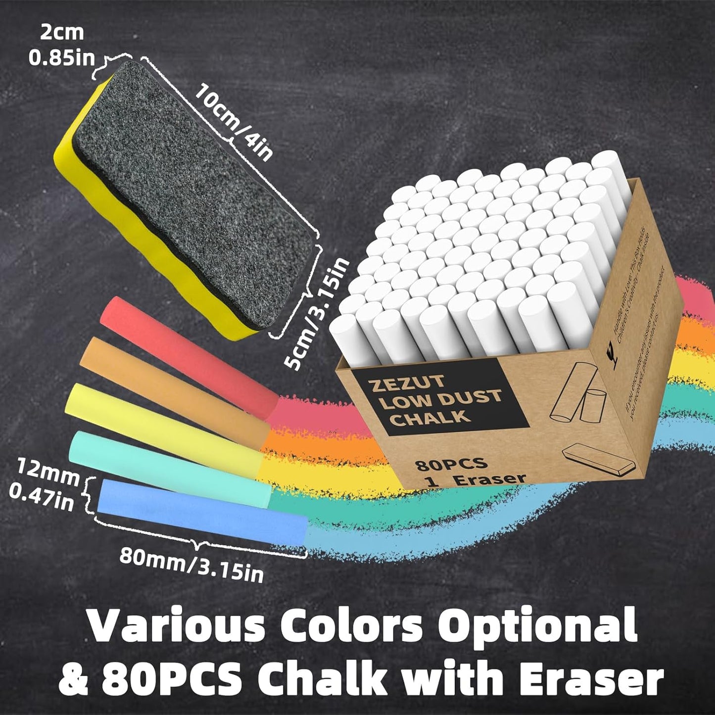 White Chalk with Magnetic Eraser, 80PCS Low Dust Chalks Stick Bulk for School Classroom Chalkboard Blackboard Non-Toxic