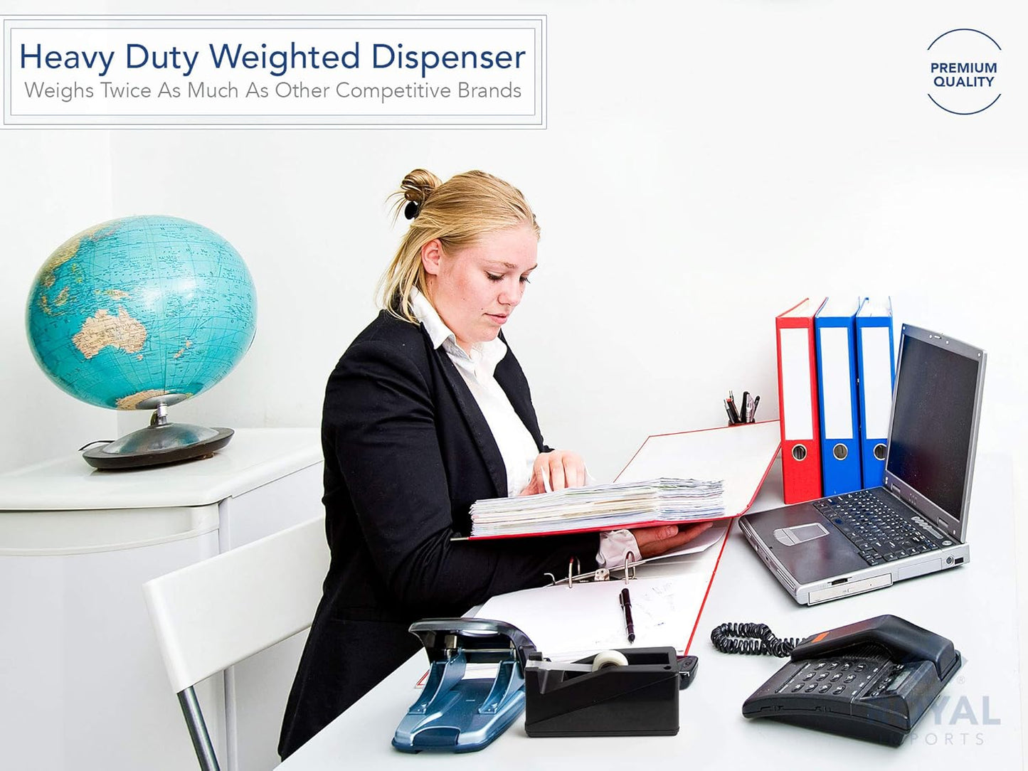 Royal Imports Desktop Tape Dispenser Adhesive Roll Holder (Fits 1" & 3" Core) Heavy Duty Premium for Office, Home, School, Library, Crafts, Moving, Giftwrapping with Weighted Nonskid Base, Blue