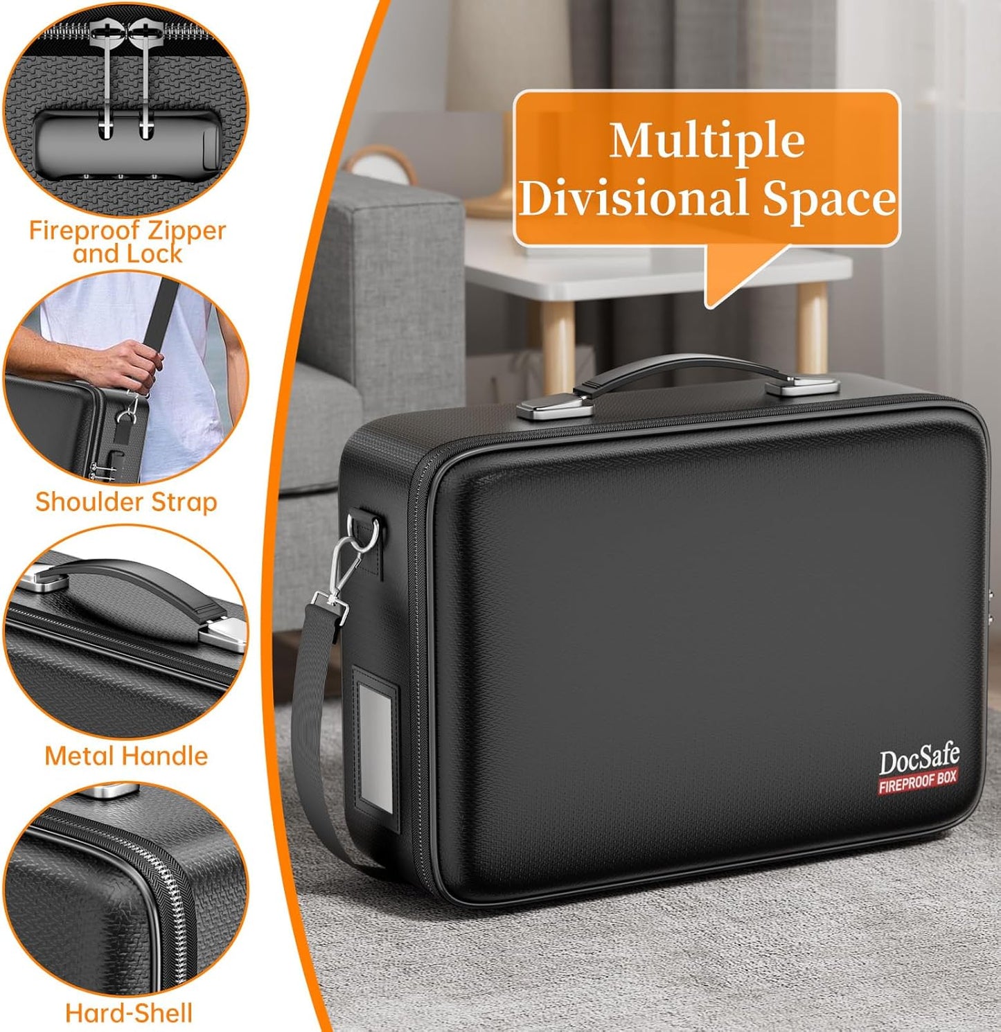 DocSafe Fireproof Document Box with Lock＆Shoulder Strap, Hard-Shell Case File Organizer with Accordion File Folder, Multi-Layer Portable Home Office Travel Safe Storage for Important Documents Laptop