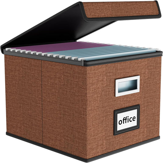 Huolewa Upgrade Portable File Organizer Box with Lid,Large Linen Hanging Office Document Storage Box with Lid,Collapsible Filing&Storage Box for Office/Decor/Home-14.9x12.7x10.8in,1pk-without folders