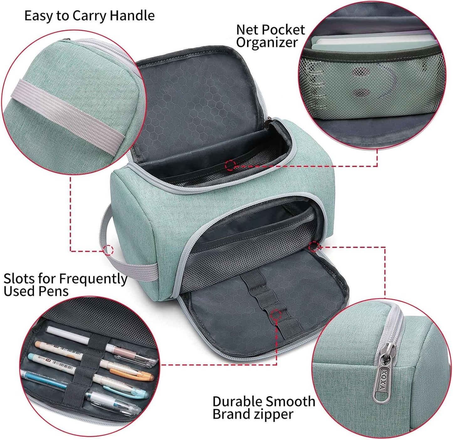 XQXA Extra Large Capacity Pencil Case Organizer, Multifunctional Pencil Pouch with Compartmens, Travel Simple Stationery Bag, Nylon Pencil Bag for Adults (Green)