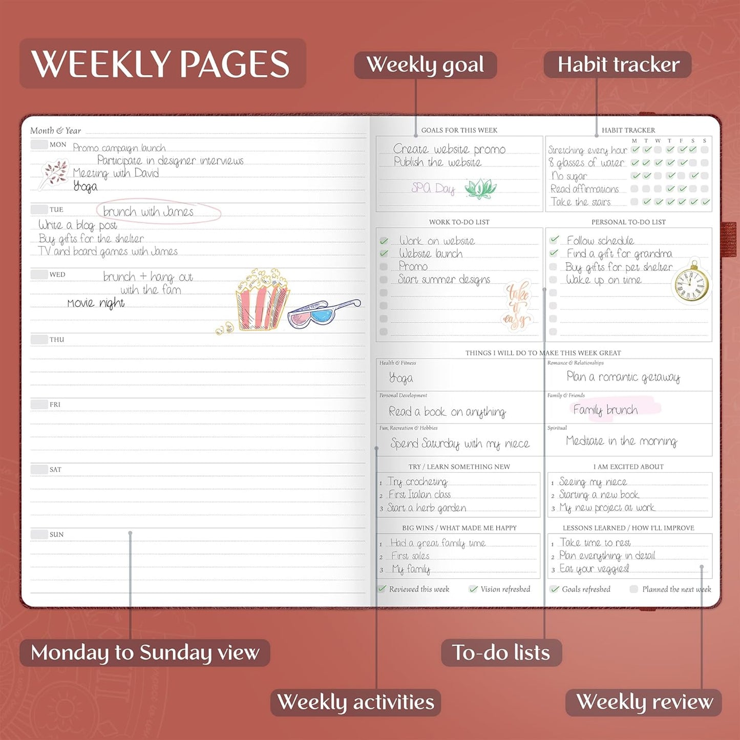 Legend Planner PRO Premium – Large Undated Weekly, Monthly & Budget Planner with Habit Tracker – Life Organizer for Time & Task Management, Goal Setting & Productivity – A4 size (Wine Red)