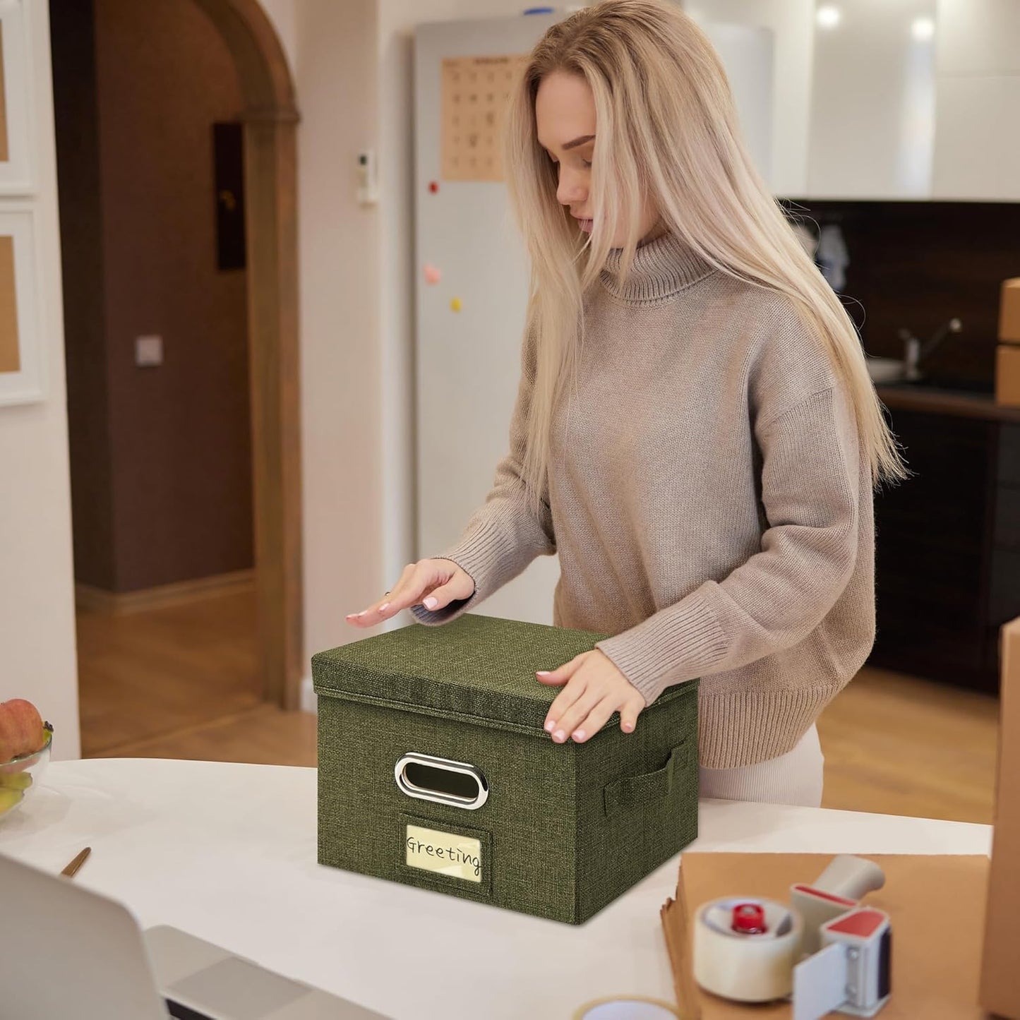 Greeting Card Organizer and Storage Box with 40 Pcs Adjustable Dividers, Storing Cards with 168 Pcs Labels Perfect for Storing Greeting Cards, Envelopes, Photos 2 Pack Olive Green