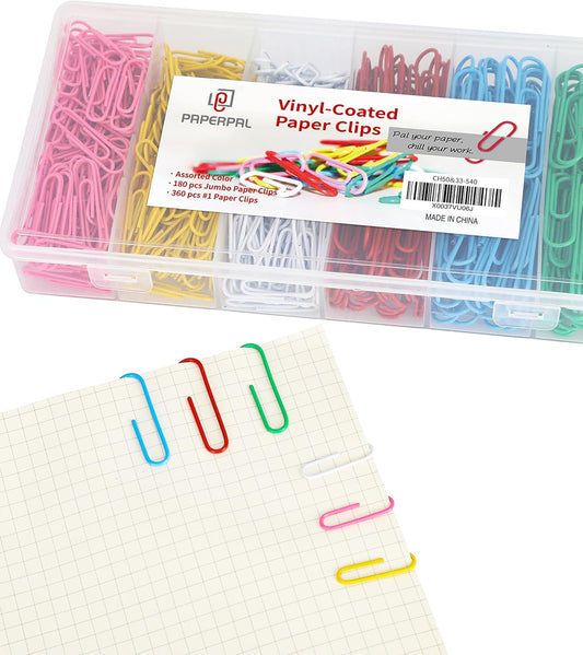 PAPERPAL Paperclips for Office School & Personal Use, Duo Size Vinyl Coated Paper Clip (2" & 1-2/7"), 540 Large & Medium Size Paper Clips (360 in No.1 Size, 180 in Jumo Size), Assorted Color