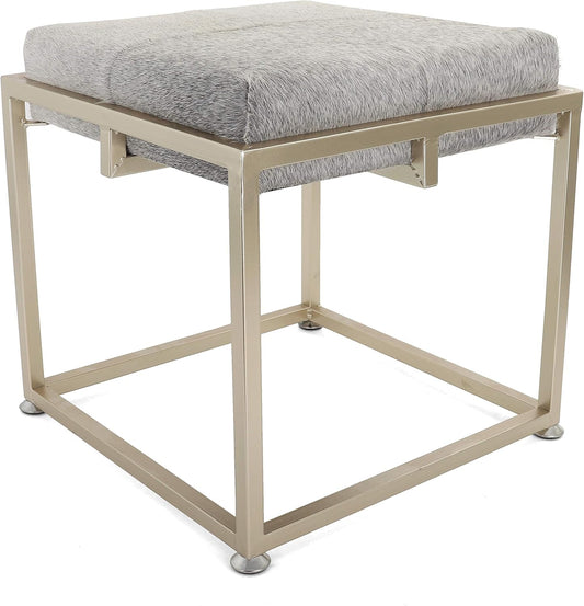 Rutledge & King Cowhide Ottoman/Vanity Stool - Square Ottoman Stool - White Ottoman/Grey Ottoman Foot Rest - Cowhide Grey & White Stool - Gold Stool - Cow Ottoman - Cow Fur Stool (Gold)