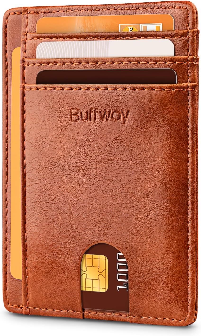 Buffway Slim Minimalist Front Pocket RFID Blocking Leather Wallets for Men and Women - Alaska Brown