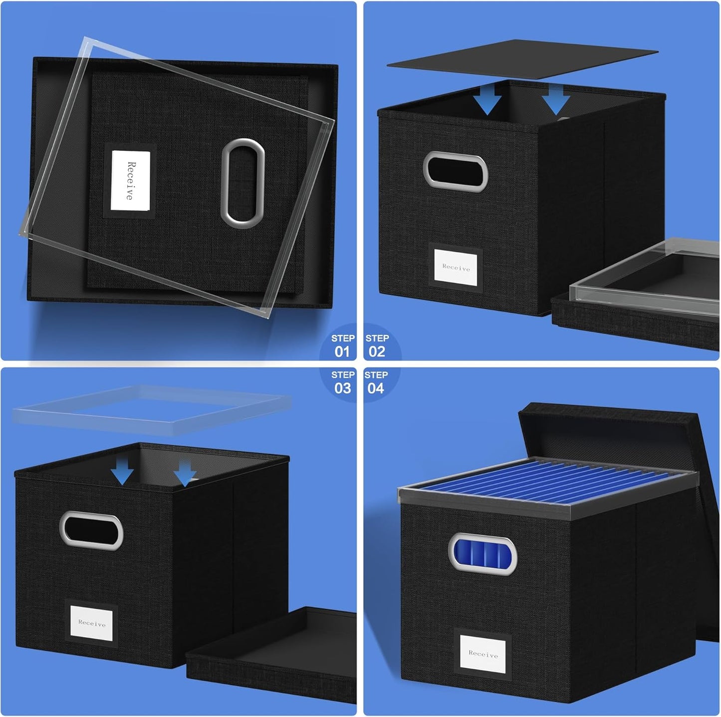 File Organizer Box File Boxes for Hanging Files with Lid Set of 3 Decorative Hanging Folders Letter Size Organizer with One-Piece Plastic Frame Slides (13.2 * 10.1 * 10.1in(3Pack), Black)